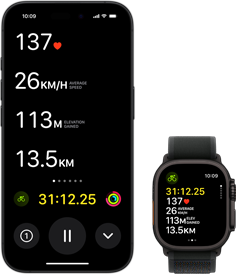 Live Activity showing a person's biking metrics on both their Ultra 2 and their iPhone