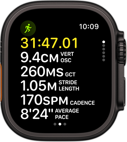 Running form metrics providing the person's pace and distance