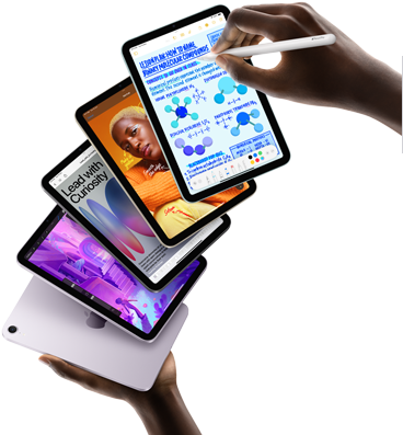 Five iPad mini models are shown in a fan formation held by a user's hands. One model shows the back camera, the other four are front facing. Apple Pencil Pro is being used to take notes